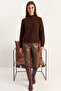 Women's Crew Neck Raglan Sleeve Knitted Patterned Soft Textured Knitwear Bitter Brown Sweater - 3