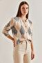 Women's Diamond Patterned Knitwear Camel Beige Cardigan - 2