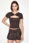 Women's Metal Accessory Low-Cut, Body-Hugging Bitter Brown Blouse - 2