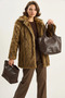 Women's Double-Breasted Collar Lined Faux Fur Araboy Camel Brown Coat - 3