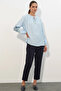 Women's Lace-Up Collar Oversize Embroidered Floral Patterned Blue Blouse - 2