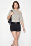 Women's Polka Dot Patterned Asymmetrical Cut Fitted Waist Bat Sleeve White Black Blouse - 3