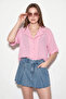 Women's Open Collar Self-Striped Oversize Short Sleeve Candy Pink Shirt - 5