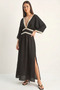 Women's Lace Detailed V-Neck Waist-Slit Muslin Maxi Black Dress - 2