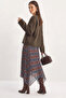 Women's Plaid Patterned Wrinkled Effect Lined Midi Chiffon Brown Skirt - 4