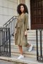 Women's Premium Fabric Wrap Double-Breasted Skirt, Three-Quarter Sleeves, Below the Knee Midi Length Dress - Dark Khaki - 2