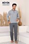 Big Size Men's Pajama Set - Gray Striped Long Sleeve Combed Cotton 1219Uyb - 2