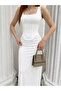 Women's White Detachable Corset Detailed Back Slit Maxi Dress Dcf204 - 2