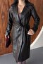 Women's Belted Faux Leather Trench Coat Double-Breasted Collar Long Leather Jacket - 3