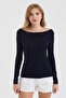 Women's Navy Blue Boat Neck Slim Fit Finger-Looped Ultra Soft Flexible Lycra Cotton Basic Body&Blouse - 4