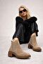 Women's Beige Thick Heeled Suede Leather Casual Chelsea Boots Wf190024Ds - 2