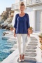 Italian Navy Blue Lace Collar 3/4 Sleeve Elastic Waist Sequined Silk Woven Blouse 65 70 - 5