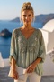 Italian Khaki Lace Collar 3/4 Sleeve Lined Elastic Waist Sequined Silk Woven Blouse 65 70