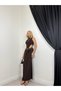 Women's Coffee Color Cut Out Detailed High Neck Sleeveless Gathered Long Evening Dress
