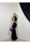 Women's Black Maxi Fish Cut Waistline Low-Cut Draped Evening Dress with Accessory Detail - 4