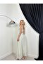 Women's Maxi Dress with Strap Tie, Square Neck, Embroidered A-Line