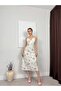 Women's Floral Patterned Lace Detailed Thin Strap V-Neck Midi Satin Dress