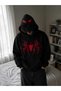 Unisex Black Spider Patterned Oversize Hooded Sweatshirt Is Made from 3-Thread Fabric.