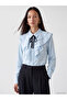 Blue Shirt Collar Ribbon Detailed Ruffled Blouse