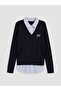 Lcw Kids Navy Blue Embroidered Shirt Collar Girls' Knit Sweater