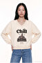 Chill Embroidered V-Neck Oversize Sweatshirt Beige
