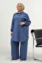 68084 Plus Size Stone Detailed Cupra Shirt with Elastic Sleeves - Indigo