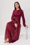 Bordo Simli Şifon Drape Büzgü Detaylı Eteği Belden Açılan Maxi Dokuma Tesettür Abiye TCTSS26DB00003 - 2