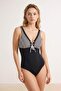 Black Striped V-Neck Covered Tie Detailed Regular Swimsuit Tbess26Ma00128 - 2