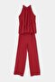 Red Beli Wide Cut Blouse with Thin Belt and Elastic Two-Piece Suit with Trousers Tdrss26Au00057 - 5
