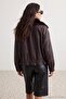Brown Oversize Faux Leather Coat with Fur Lining and Collar Twoaw27Mo00045 - 7