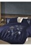 Nilüfer Cotton Satin Jacquard Double Duvet Cover Set - Navy Blue
