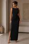 Women's Pleated Side Slit Boat Neck Maxi Length Crepe Fabric Dress - 5