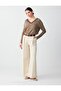 Beige Melange Relaxed Cut V-Neck Lace Detailed Knitted Blouse - 2