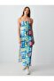 Blue Floral Patterned Strapless Linen Blend Midi Dress
