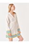 White Three Quarter Sleeve Patterned Linen Dress
