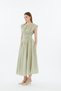 Women's Green Wide Bell-Bottom Skirt with Drawstring Waist Design, Short Sleeves, Fitted at the Waist, Pinterest Chic Equivalent Midi Dress. - 5