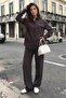 Brown Tensel Fabric Buttoned Women's Shirt Set Mg2621