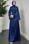 Satin hijab evening dress with pearl stone detailed flounce sleeves and waist