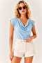 Women's Baby Blue Padded Collar Loose Blouse BLZ-19002217 - 5