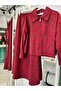 Shoulder Pad Tex Suede Skirt Suit with Stones - Bordo - 46