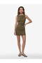 Linen Blend Slim Fit Draped Round Neck Sleeveless Mini Dress with Metal Accessories