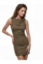 Linen Blend Slim Fit Draped Round Neck Sleeveless Mini Dress with Metal Accessories - 2