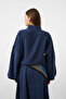 Navy blue women's tencel fabric skirt with belt detail, flowy textured jacket and skirt set. - 5