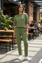 Women's Patternless Oversize Two Thread Short Sleeve Green Tracksuit Set - 3