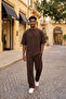Men's Summer Short Sleeve Oversize Brown Two Thread Tracksuit Set - 4