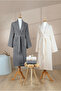 4 Piece Striped Bathrobe Set 100% Cotton Certified Family Towel Bathrobe Set Dowry Set Gray Cream - 8
