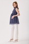 Maternity Navy Blue Sleeveless Shawl Patterned Blouse, Chiffon Fabric with Inner Lining, Waist Tie, Collar Button and Zipper Detail. - 2