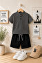 Boy's Waffle Fabric Striped Judge Collar Shorts 2-Piece Set