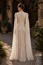 Beaded Patterned Cape Detailed Exclusive Hijab Evening Dress Cream 1093 - 6