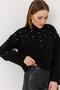 Women's Turtleneck Sweater with Stones and Pearls, Bitter Brown - 2